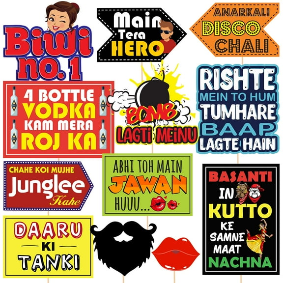 Bollywood Funny Photo Booth Props - 12 pc Photobooth Kit - Movie Night Supplies - Bollywood Party Decorations