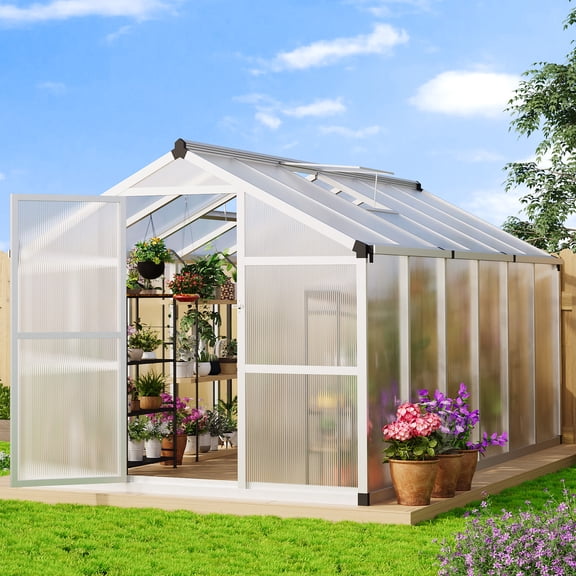 Greenhouse 8x12 Ft – Polycarbonate Walk-In with Adjustable Roof Vent for Outdoors, Aluminum Frame for Garden Backyard Patio – Large