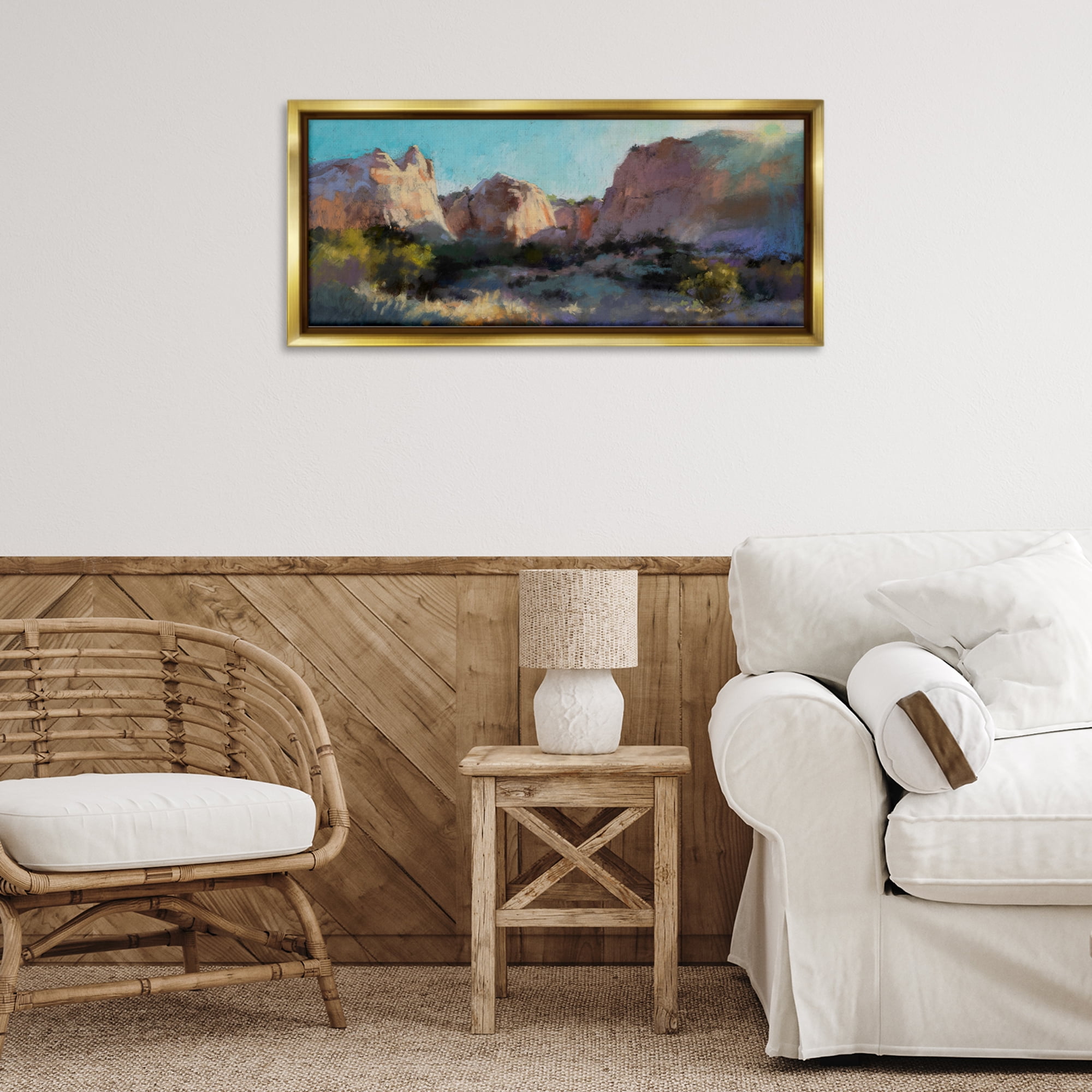 Stupell Industries Desert Cliffs Valley Landscape & Nature Painting Gold Floater Framed Canvas Art Print Wall Art, 31 x 14