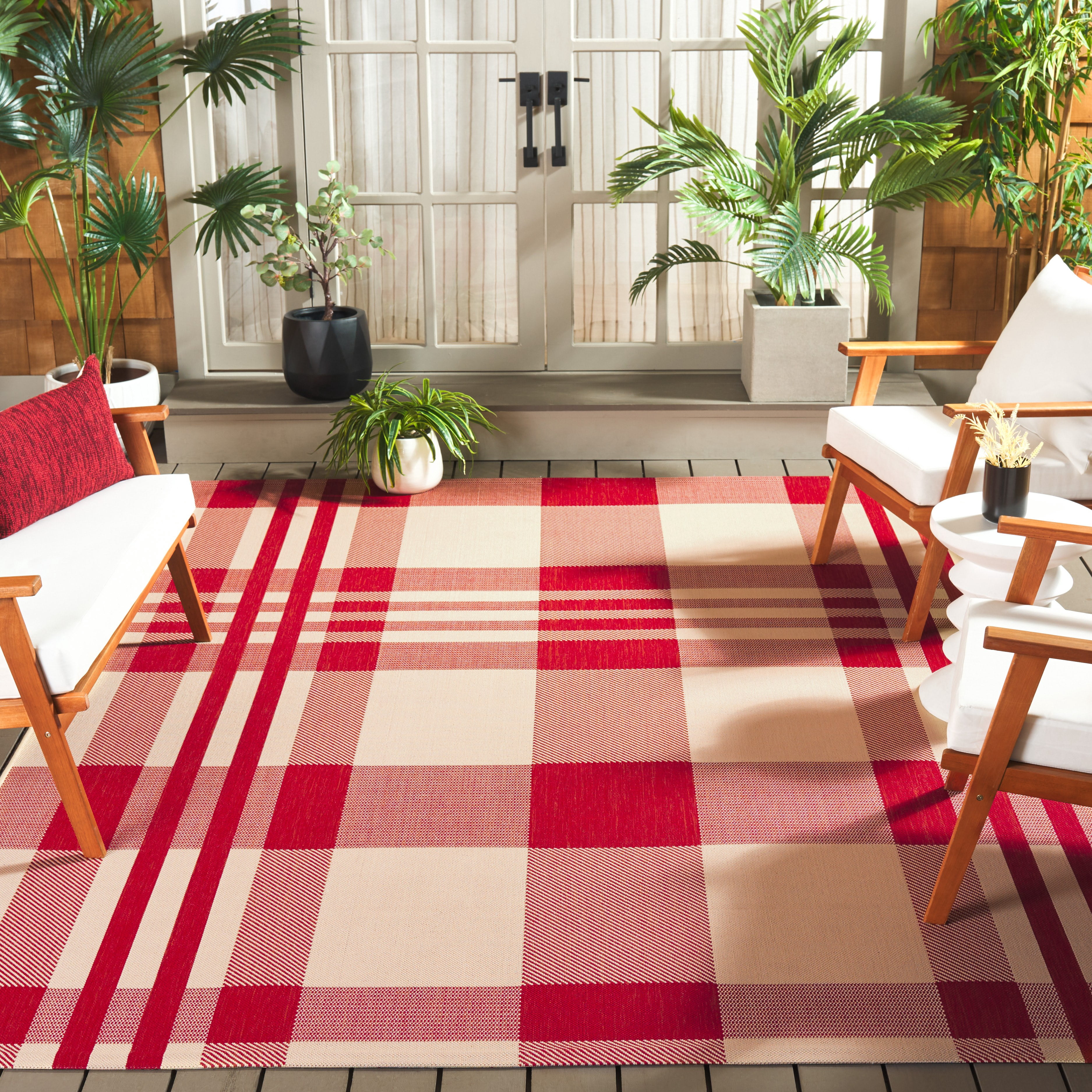 Safavieh Courtyard Benjamin Plaid Indoor/Outdoor Area Rug, Red/Bone, 8' x 10'