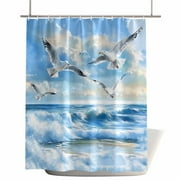 Shower Curtains for Bathroom-36"x78",Beach Egret Bird Coastal Scene Waterproof Bath Curtain Grommet Shower Curtain Set with Hooks,Summer Ocean Sea Wave Washable Bath Accessories