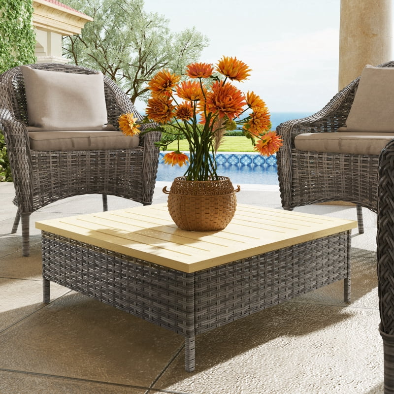 HOQBN Outdoor Side Table with PE Rattan, Patio End Table with Natural Fir Wood Top, Weather-Resistant Accent Table for Patio, Pool, Porch, Gray