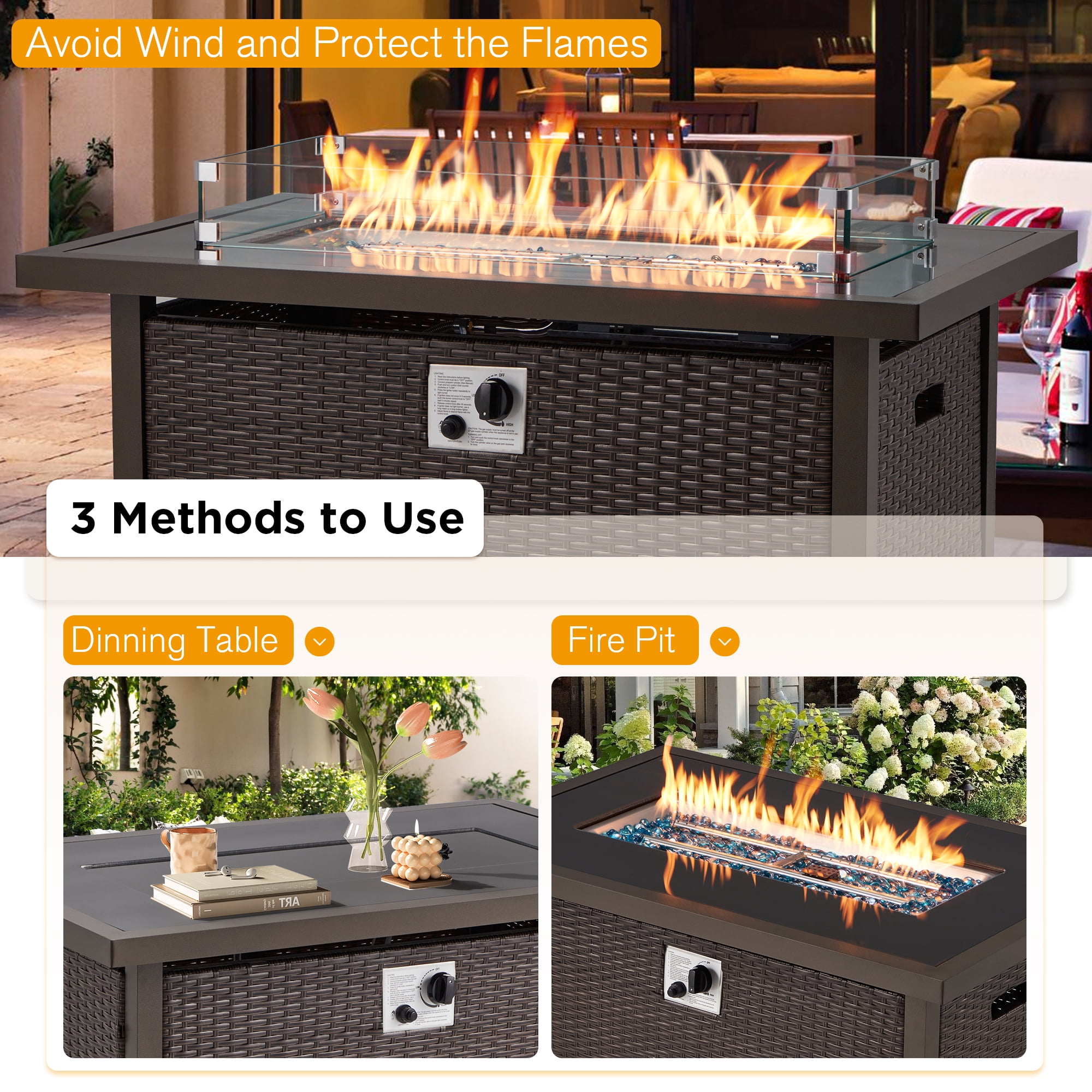 Homrest 44in Outdoor Propane Gas Fire Pit Table, 50,000 BTU with Glass Wind Guard, Brown PE Rattan