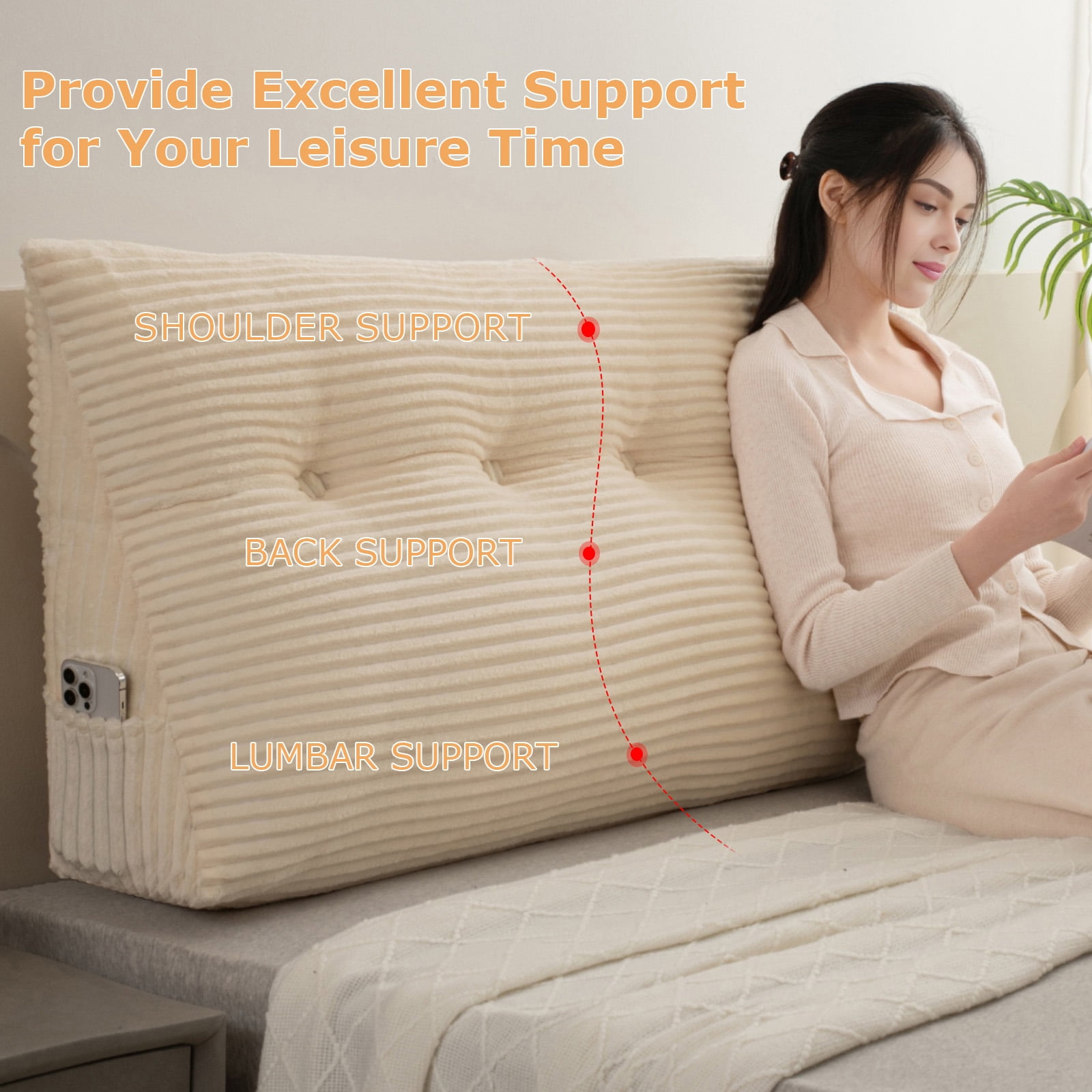 Lovote Triangular Headboard Pillow with Side Pockets, Velvet Fabric, Vertical Stripe Pattern Bed Rest Reading Pillow, Removable & Washable Cover, Daybed Wedge Pillow for Twin Beds