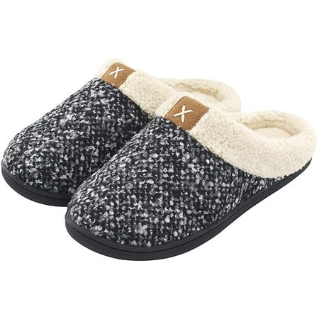 

Women s Cozy Memory Foam Slippers Fuzzy Wool-Like Plush Fleece Lined House Shoes with Indoor Outdoor Anti-Skid Rubber Sole 9-10 Black/Grey