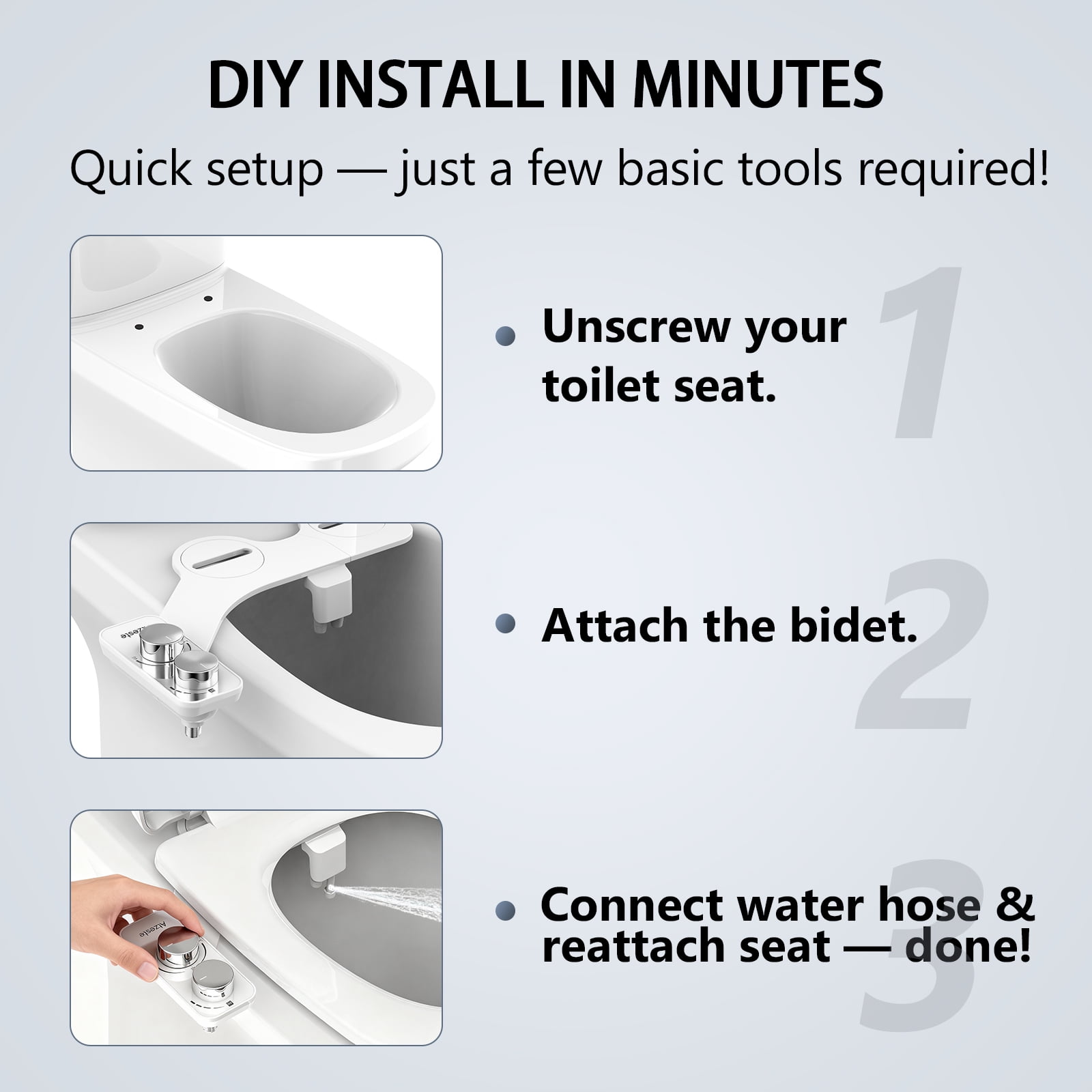 Atzeste Ultra-Slim Bidet, Bidet for Toilet Seat Attachment, Non-Electric Dual Nozzle, Rear & Feminine Wash, Self-Cleaning Sprayer, Stainless Steel Inlet Badays, Silver