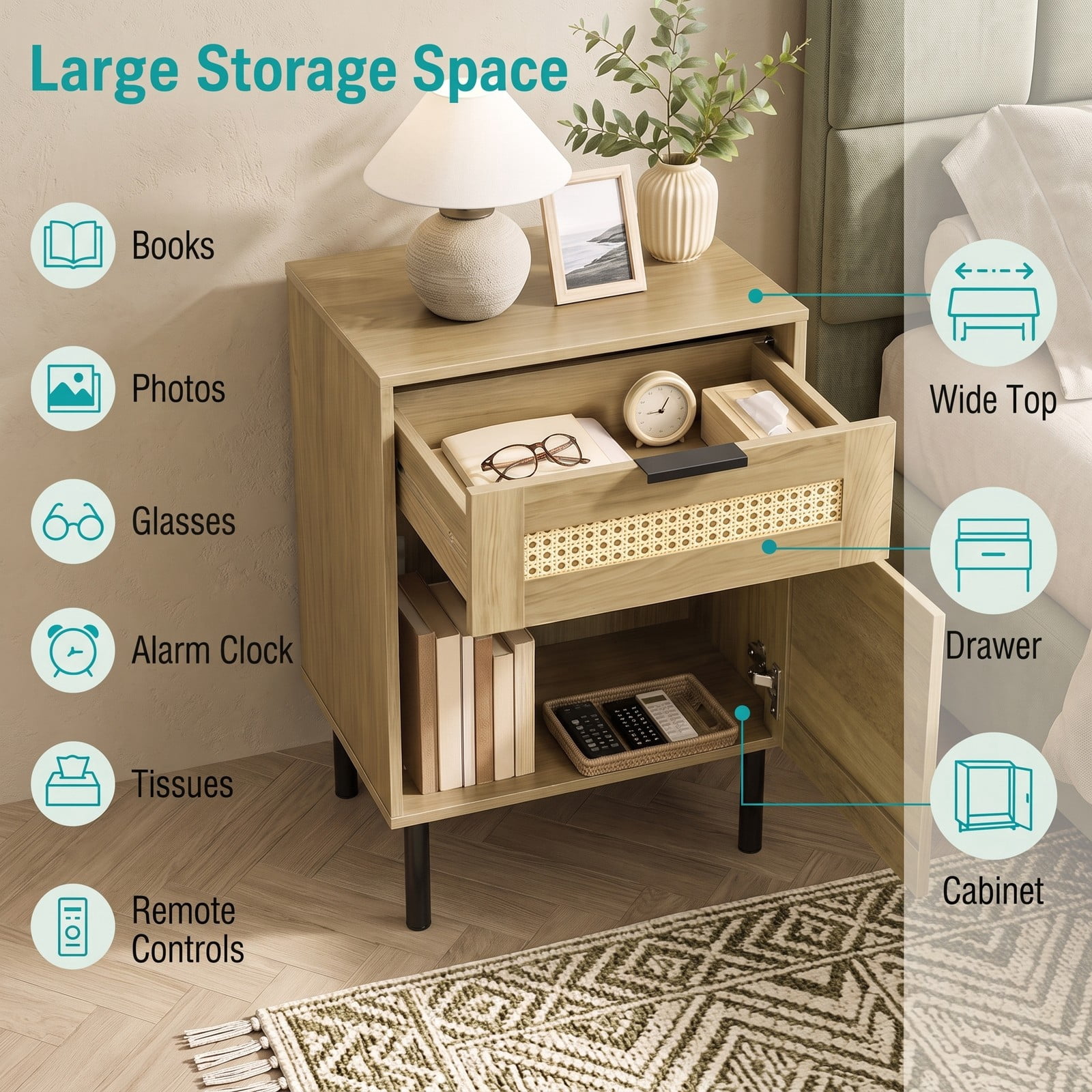 Furnibear Rattan Nightstand with Drawer and Storage Cabinet as a Bedside Table for Bedroom Dorm and Living Room, Natural