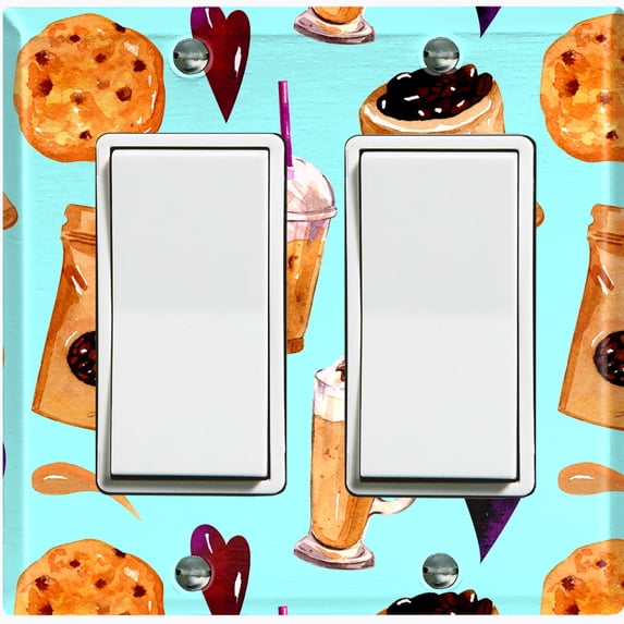 Metal Light Switch Wall Plate Outlet Cover (Coffee Mocha Espresso Grounds Cookie Sugar Treats Love Caramel Shake Teal - Double Rocker)