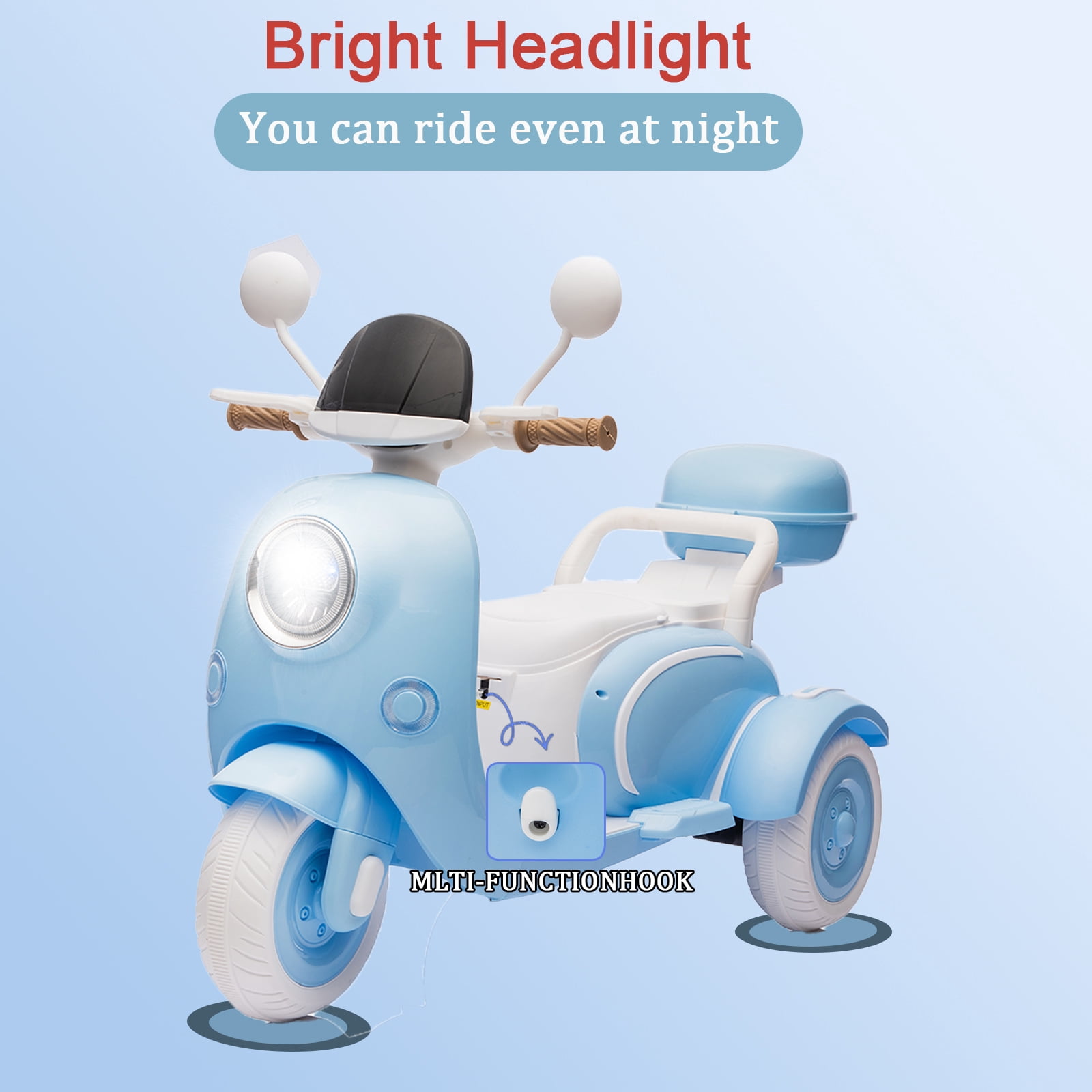 FINITO 12V 2 Seater Kids Electric Motorcycle, 3 Wheel 2WD Electric Bike with Storage Box, Bluetooth Music, LED Light Blue