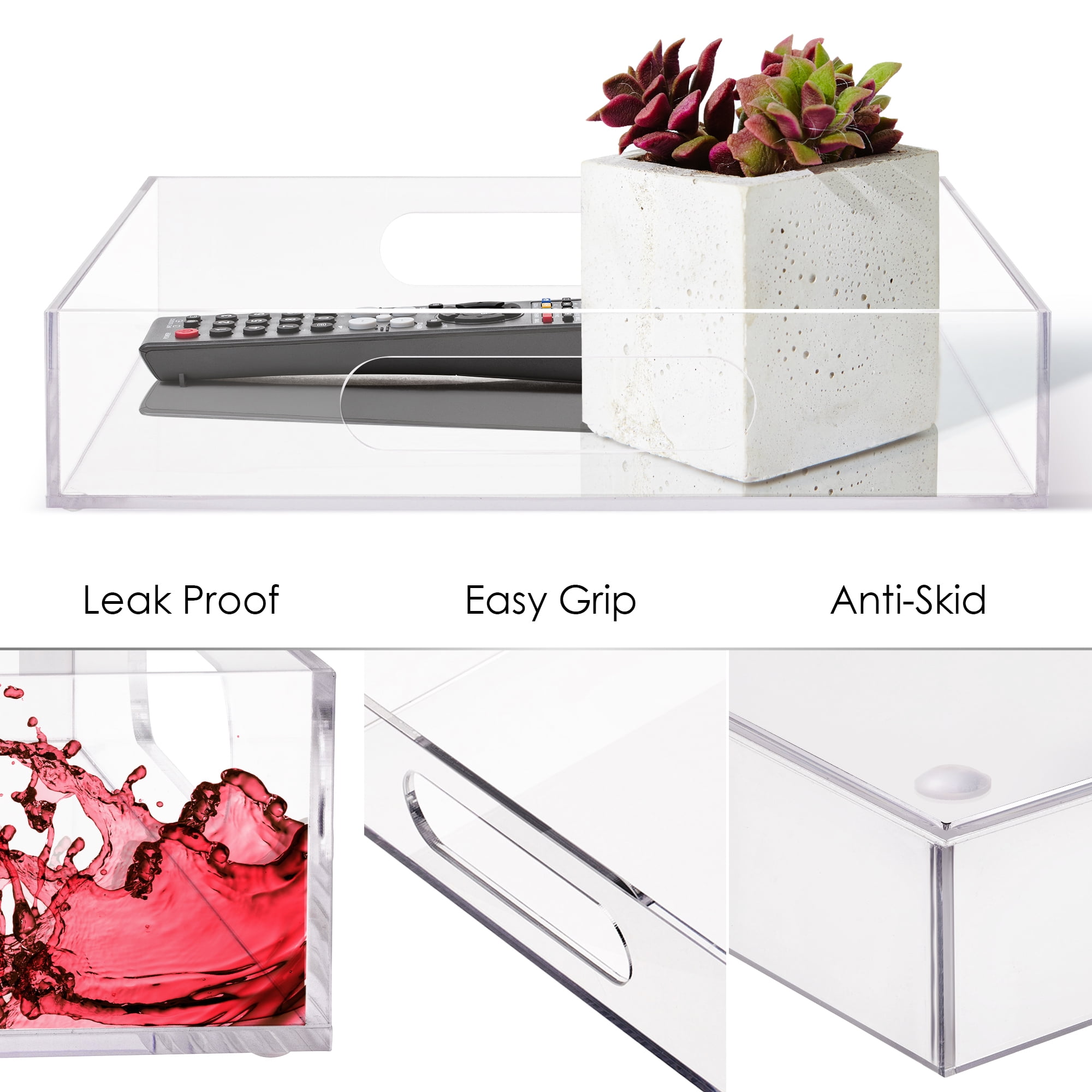 Elavain Acrylic Clear Leak Free Tray with Handles | Rectangle Sturdy Tray for Coffee Table | Large Appetizer Serving Tray, Bathroom Perfume Tray, Letter Tray Desk Organizer & Bed Tray | 12’’ x 16‘’