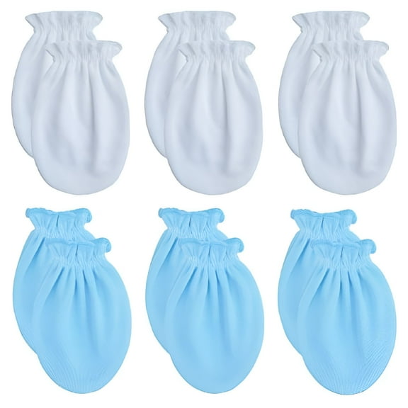 TELOLY Newborn Baby Cotton Gloves No Scratch Mittens for 0-6 Months Boys Girls (0-6 Months, 3 White   3 Blue)