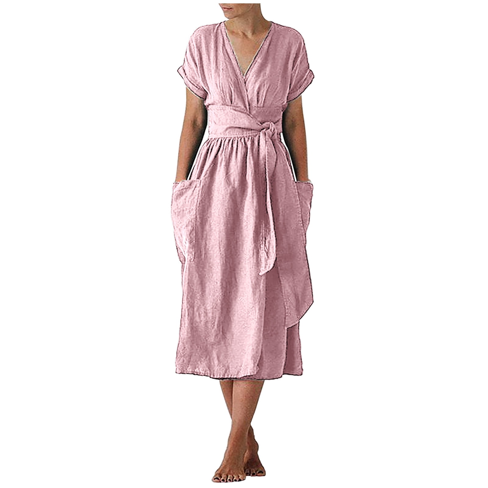 Women's Cotton Linen Dresses 2022 Summer Comfy Dress Striped Shirt Midi Dress V Neck Casual Sundresses Oversized Robes 