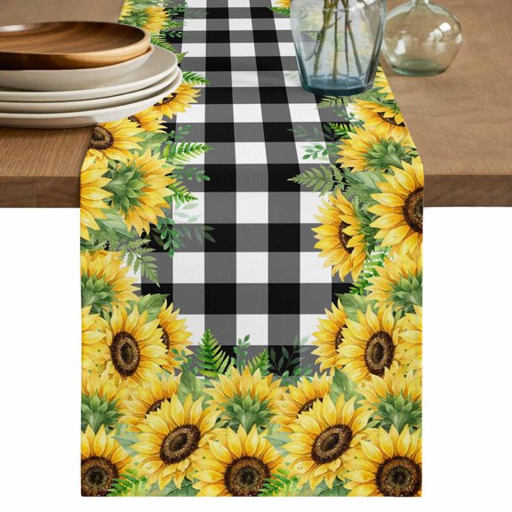 Summer Sunflowers Table Runner 90 Inches, Rustic Botanical Flowers Black Plaid Bed Runner Dresser Scarves Tabletop for Indoor Outdoor Parties/Ceremony/Banquet, 13" x 90"