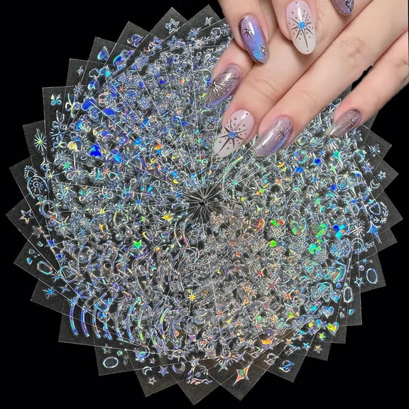 RAGUPEL 30 Sheets Star Nail Art Stickers Aurora Star Line 3D Self Adhesive Nail Stickers for Nail Art Moon Stars Nail Decals Heart Nail Supplies for Women and Girls Manicure Diy Decoration