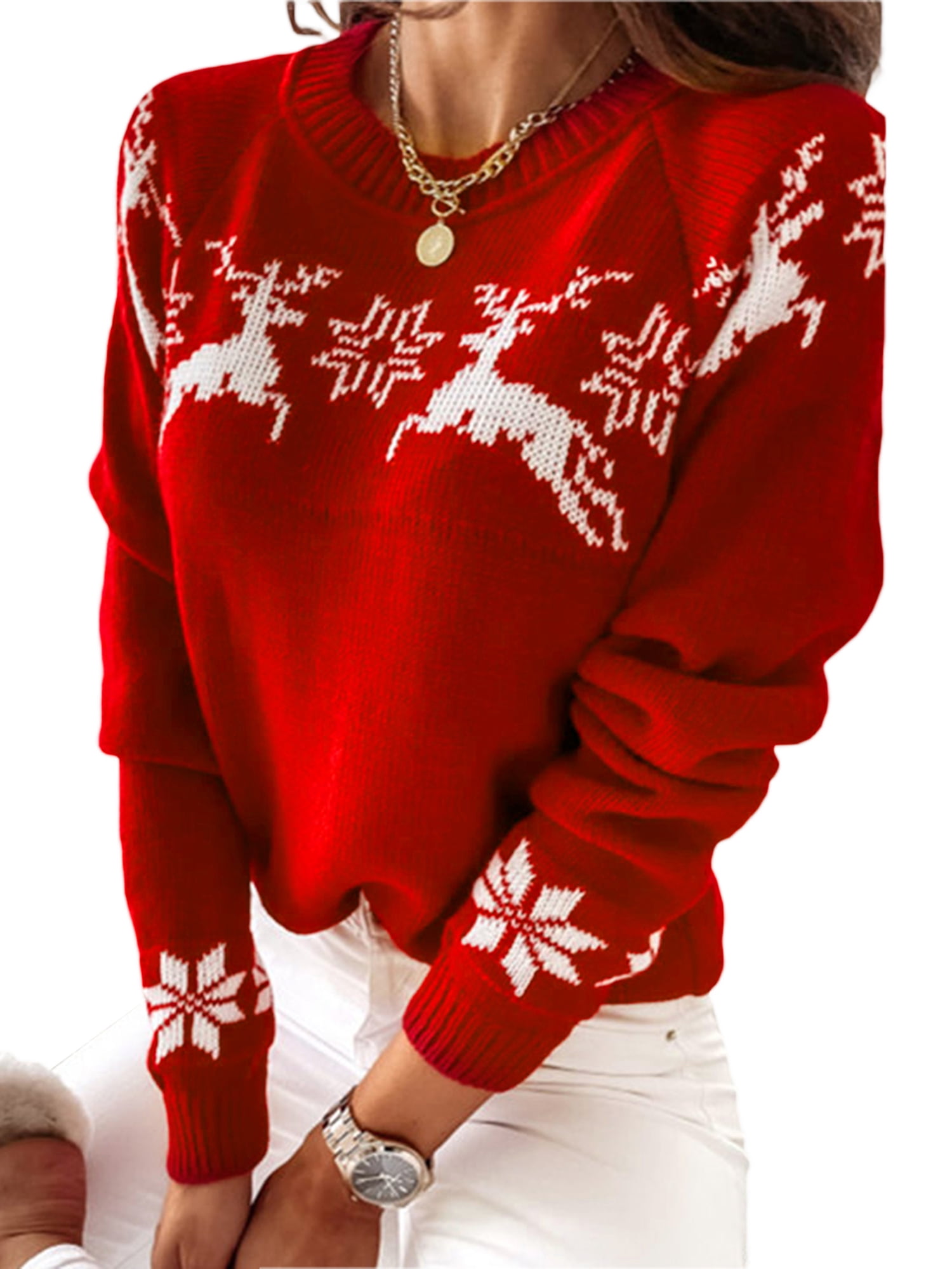 New Women's Long Sleeve Elk Snowflake Sweater Jumper Pullover Tops Outwear Xmas