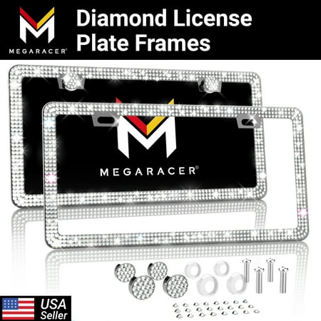 Mega Racer White Bling License Plate Frames for Women 2 PACK - Premium Crystal Diamond Rhinestones, 2 Holes Stainless Steel