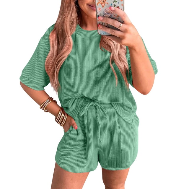 Sales Today Clearance Iumwxz Ribbed Matching Sets with Pockets Plus Size Summer Outfits Solid Round Neck Short Sleeve Drawstring Shorts 2 Piece Sets for Women Valentines Day