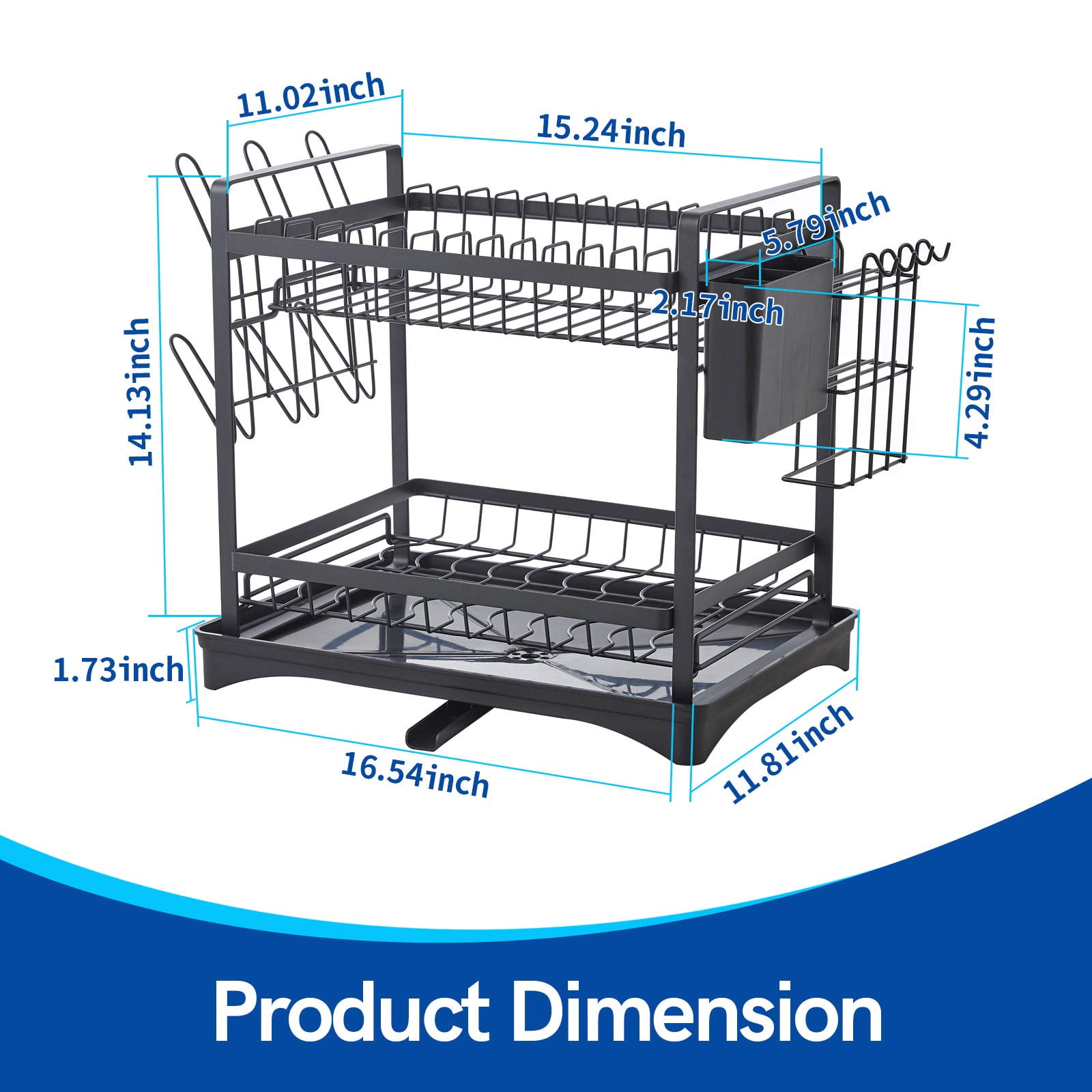 Kroyicegears 2 Tier Dish Drying Rack - Stainless Steel Dish Racks for Kitchen Counter with Drainboard and Cutlery Holder, Large, Black