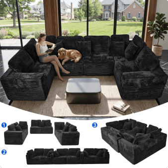 SEENYOO 135.5" Cloud Couch,Boneless Sectional Sofa for Living Room,Black U Shaped Couch with Chaise,6-Seater,Corduroy Fabric,Freely Configurable Layout