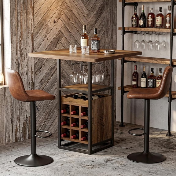 Finmind Square Bar Table,  High Top Pub Cocktail Table with Glass Holder, Wine Bar Cabinet with Open Storage Shelves, Brown