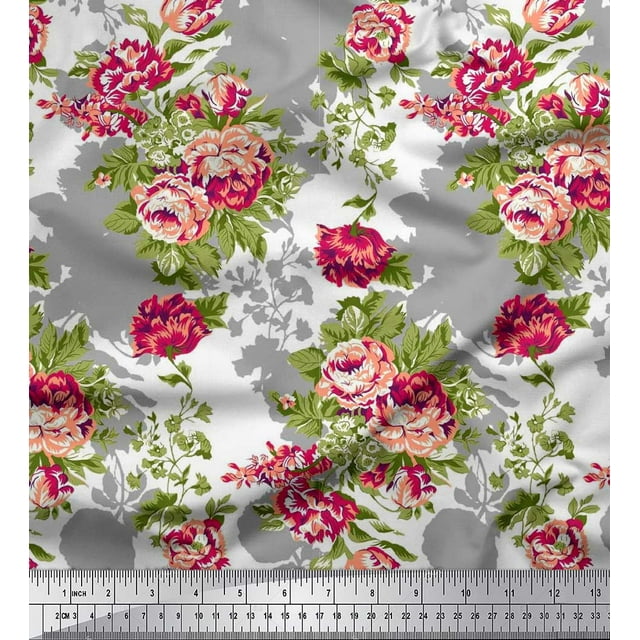 Soimoi White Poly Georgette Fabric Leaves & Grandiflora Roses Floral Printed Fabric 1 Yard 42 Inch Wide