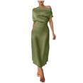 thumbnail image 2 of Summer Dresses For Women Plus Size Off The Shoulder Solid Round Neck Short Sleevees Casual Comfortable All Occasion Women's Summer Flowy Maxi Dress - Green∣M, 2 of 9