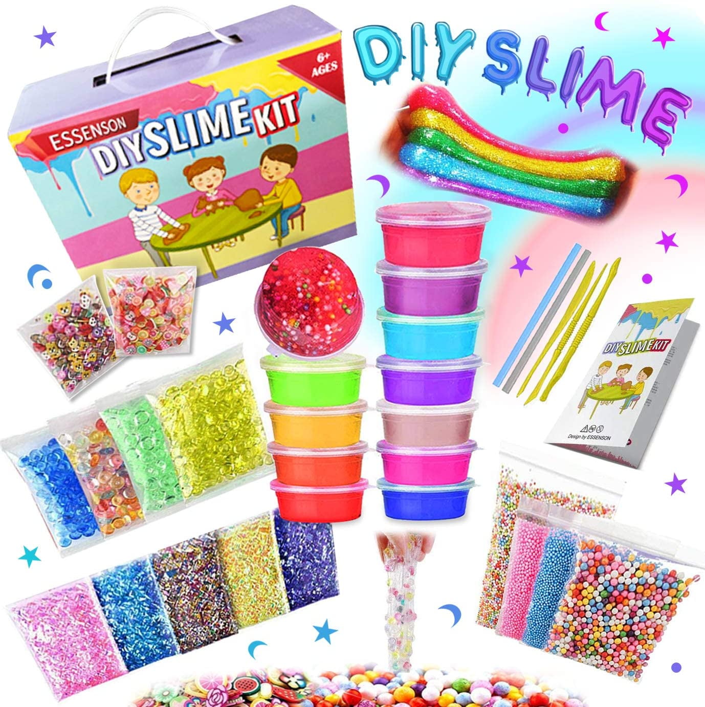Slime Kit - Slime Supplies Slime Making Kit for Girls Boys, Kids Art Craft, Crystal Clear Slime, Glitter, Unicorn Slime Charms, Fruit Slices, Fishbowl Beads Girls Toys Gifts for Kids Age 6+ Year Old