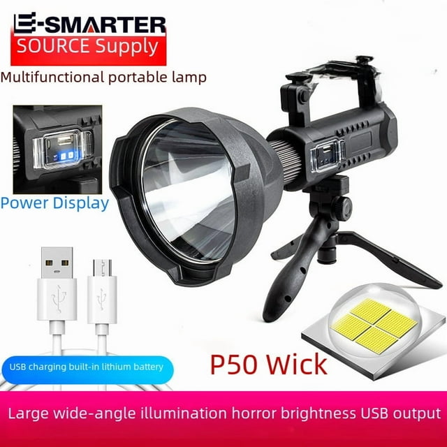 P70 High-Intensity LED Rechargeable Spotlight with 8000mAh Battery - 200-500M Long Range, Waterproof & Portable Handheld Flashlight/Lantern Combo, USB Output & Power Display, W591 Large Light Cup,