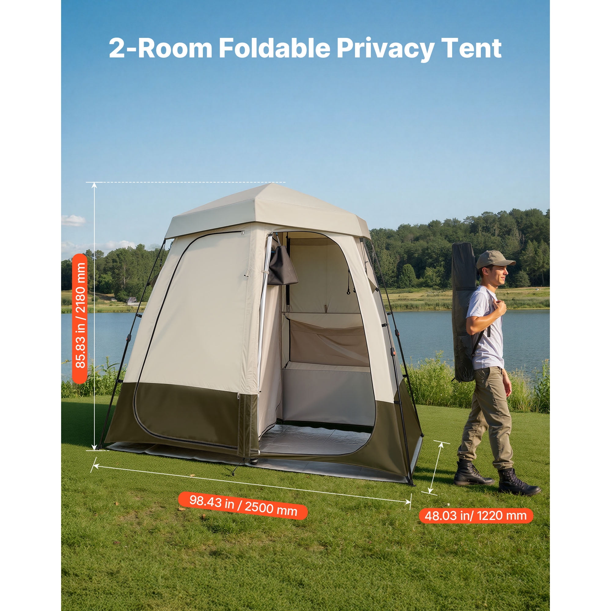 KFFKFF Portable 2-Room Privacy Tent for Camping, Foldable Changing Room with Ground Stakes, Ropes, Carry Bag, and Crossbar, Made of Durable 150D Oxford Fabric with Silver Coating