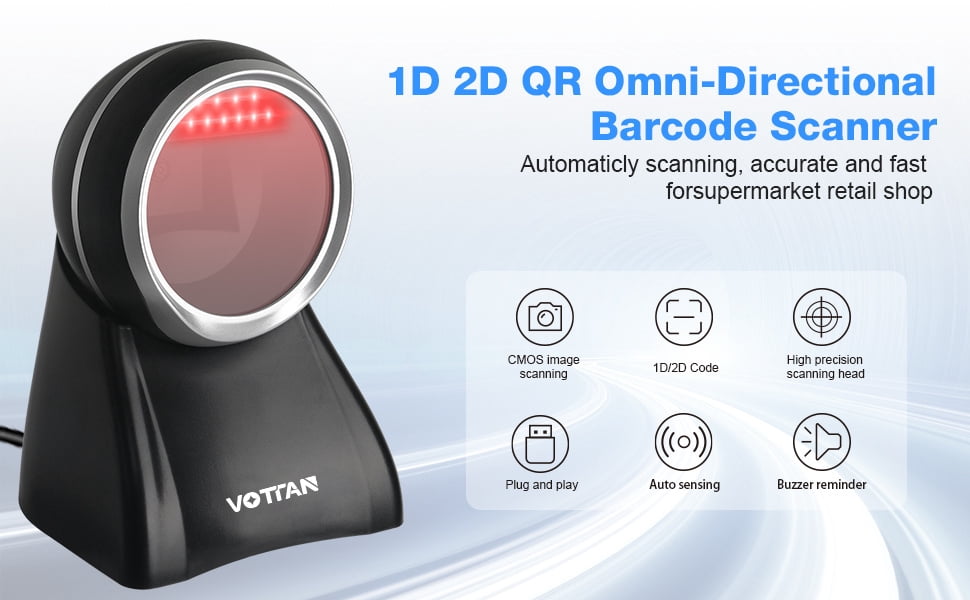 2D Barcode Scanner, Automatic Omnidirectional Desktop USB Scanner - 1D/2D QR Code Reader for Supermarket, Warehouse, Mobile Payment, Plug & Play with 6ft Cable - Sumicor VT7510S-USB