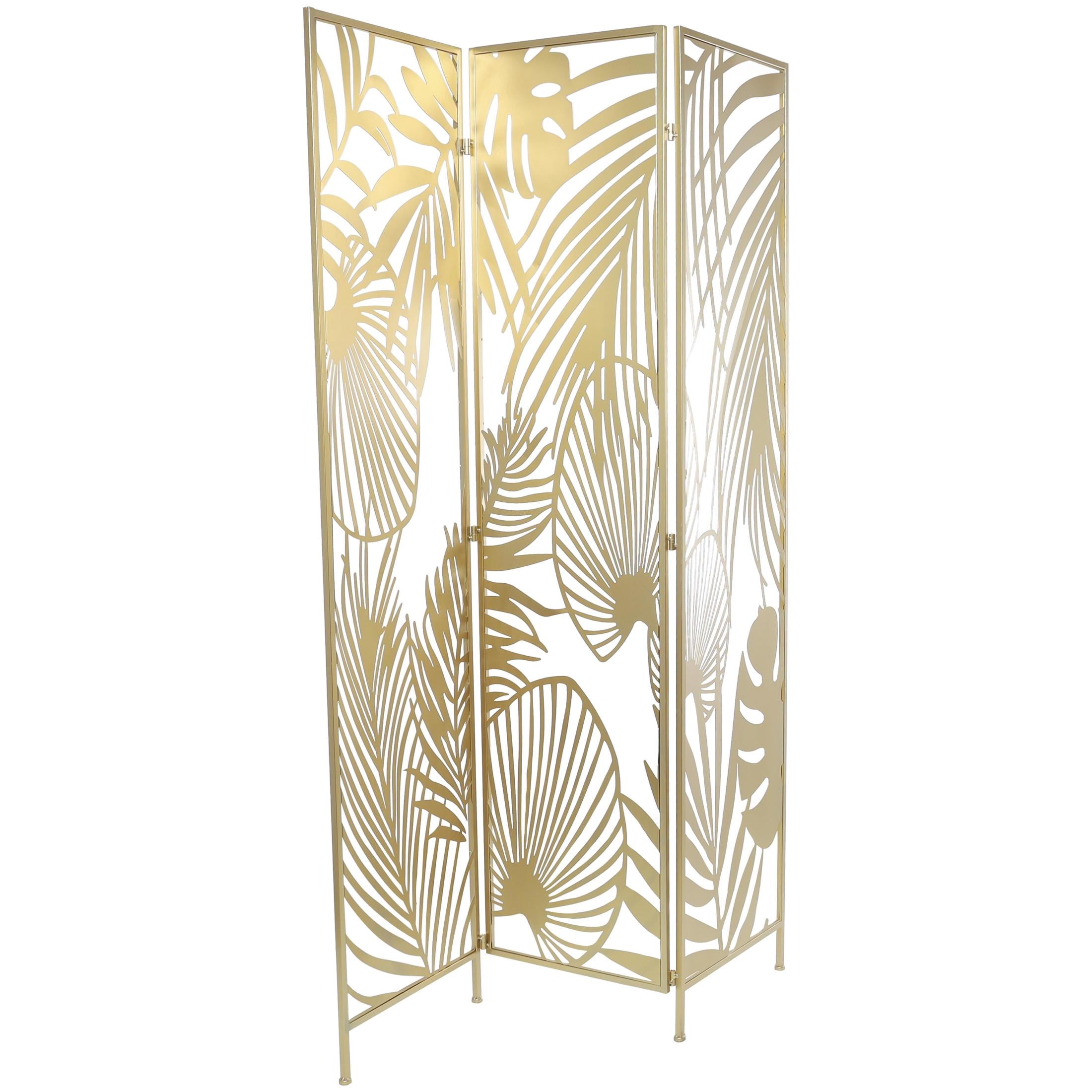 DecMode 48" x 71" Gold Metal Leaf Foldable Partition Cutout Palm Leaf 3 Panel Room Divider Screen, 1-Piece