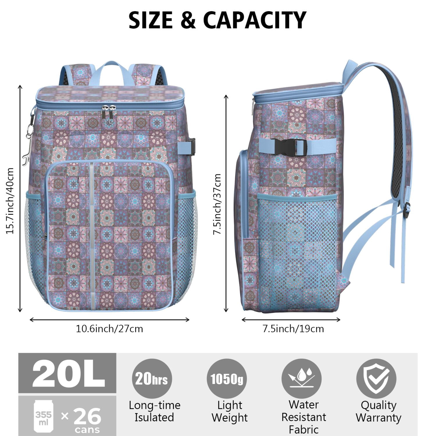 Travel Cooler Bag - Boho Bohemia Flower Camping Beer Cooler Backpack with Bottle Opener- Waterproof Insulated Picnic Backpacks - Cooler Bag for Beach