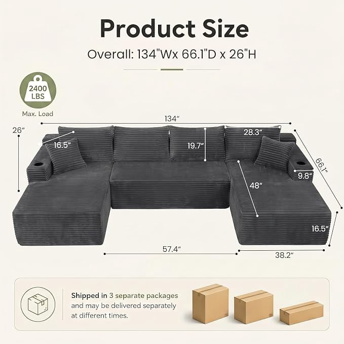 Howcool 134" Modular Cloud Couch, U-Shaped Sectional Sofa with Double Chaise, Oversized Deep Seat Boneless Corduroy Sofa with Cup Holders & Side Pockets, No Assembly Required, Grey