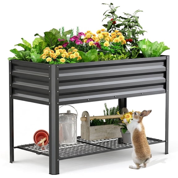 King Bird Galvanized Steel Raised Garden Bed Kit with Storage Shelf 47.2"x22.8"x31.5" Metal Planter Box, Elevated Garden Bed with Drainage Holes Outdoor for Vegetables Flowers Dark Gray