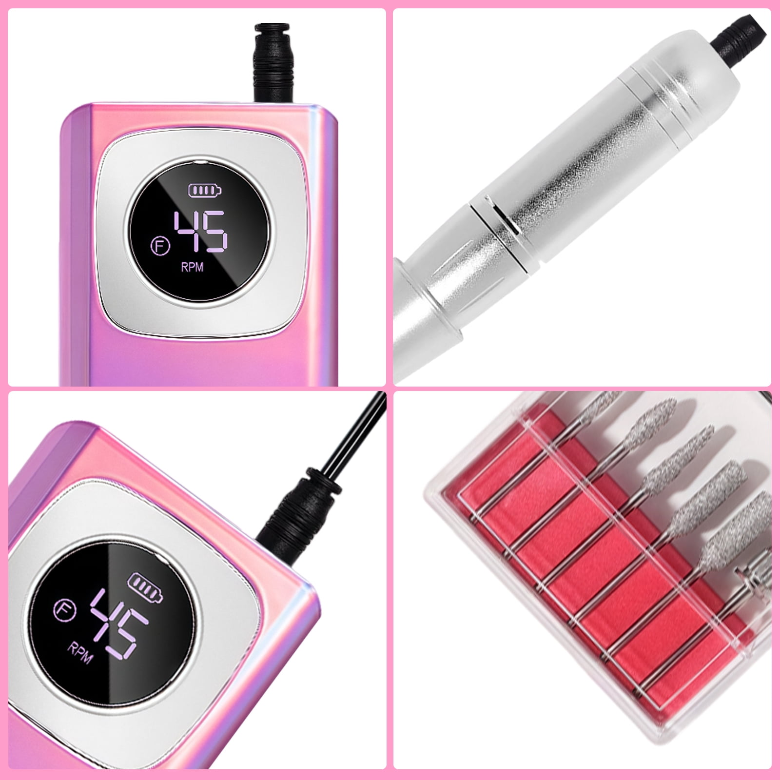 golytefs Electric Nail Drill 45000RPM Rechargeable Cordless E-file with Bits Kit Portable Nail File for Acrylic Gel Polishing Removing (Purple)