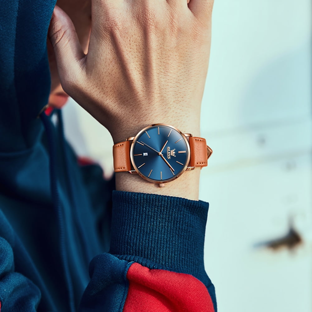 OLEVS Watches for Men Minimalist Ultra Thin Fashion Casual Analog Quartz Date Watch Waterproof Slim Simple Big Face Dress Mens Wrist Watches with Retro Leather Band for Men Reloj para Hombre