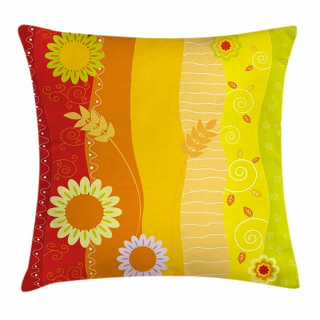 Red Orange Green - Colorful Throw Pillow Cushion Cover, Colorful Stripes with Sunflowers and Wheat Farm House Themed Abstract Image, Decorative Square Accent Pillow Case, 18 X 18 Inches, Green Orange Red, by Ambesonne