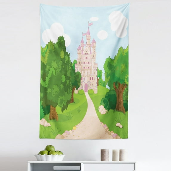 Cartoon Tapestry, Castle from Middle Ages with Pink Toned Flags and Thriving Spring Forest Cartoon, Fabric Wall Hanging Decor for Bedroom Living Room Dorm, 5 Sizes, Multicolor, by Ambesonne