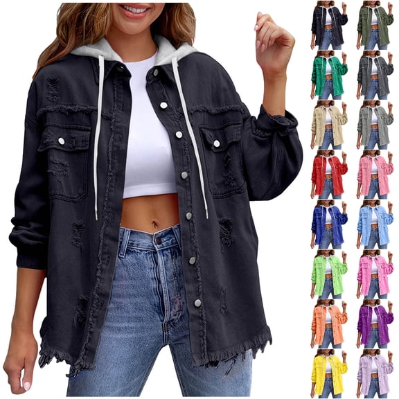 Otntypg Women's Oversized Denim Jacket Casual Patchwork Long Sleeve Full Button up Vintage Jean Jacket Top Drawstring Detachable Hooded Outwear Coat with Pockets Khaki S