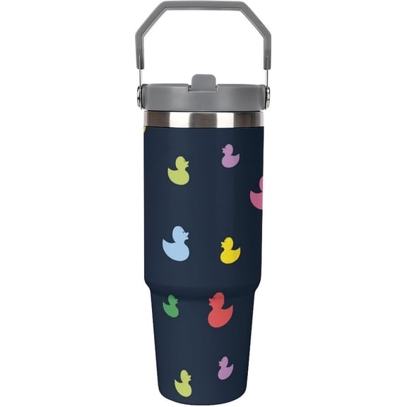 30 Oz Insulated Tumblers with Flip Straw Lid Top Handle Duck Cute Colorful Leakproof Reusable Vacuum Stainless Steel Travel Coffee Mug for Car