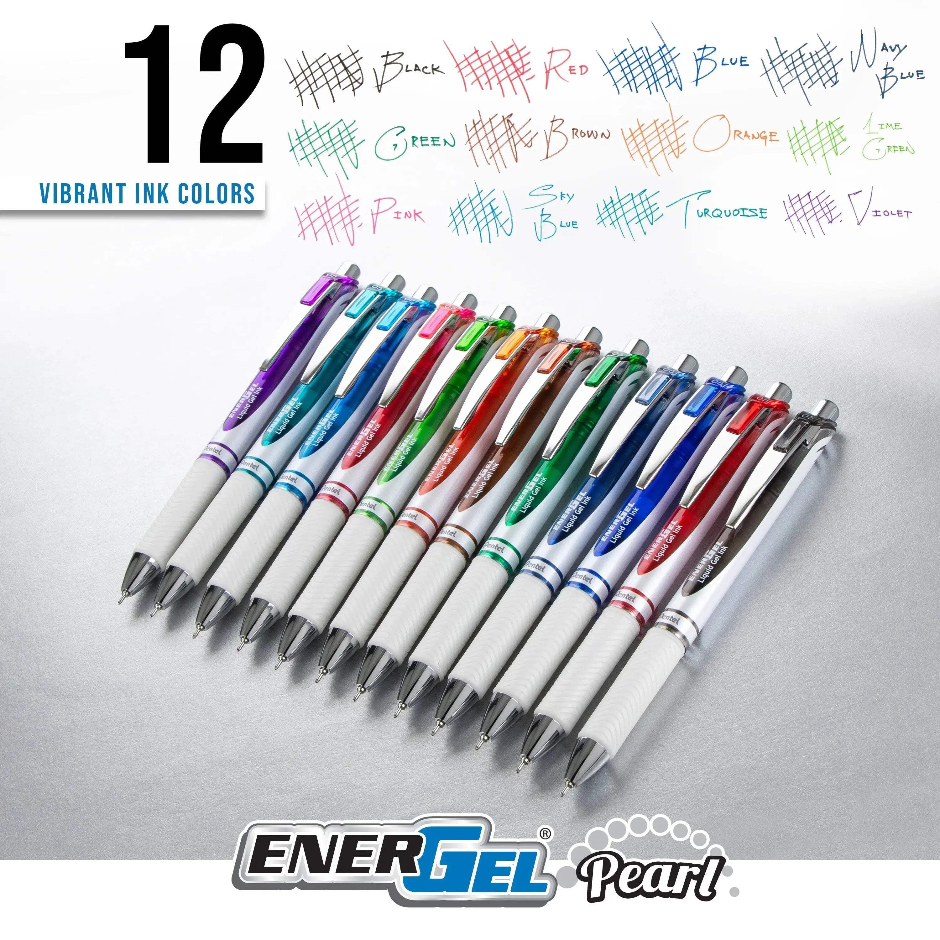 Pentel EnerGel RTX Pearl Liquid Gel Pen, (0.5mm) Needle Tip, Fine Line, Asstd. Ink, 12-Pk