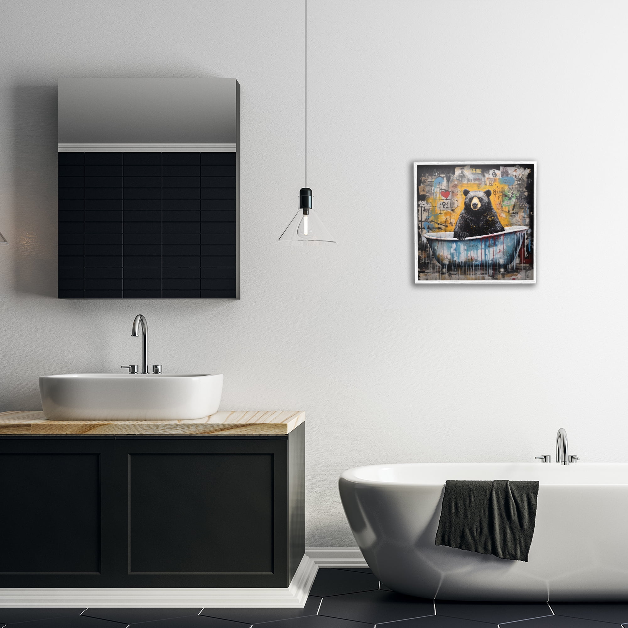 Stupell Industries Graffiti Bathing Bear Typography Painting White Framed Art Print Wall Art, 17 x 17