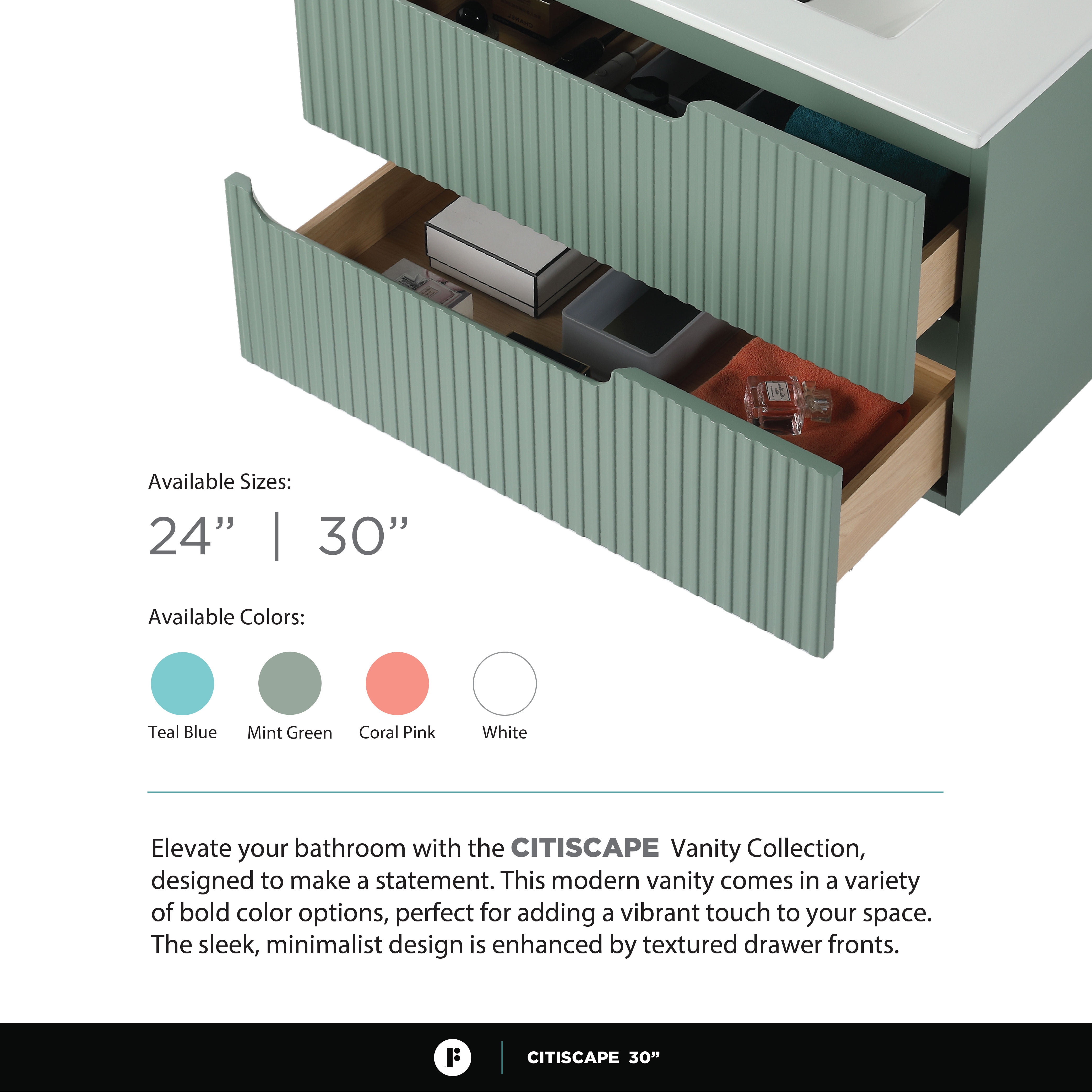 Citiscape Modern Bathroom Vanity with Textured Drawer Fronts 30" Wide - Mint Green - Sink Included