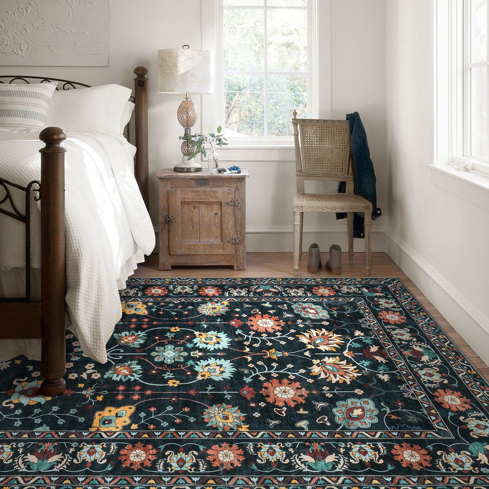 Toyoso 9x12 Area Rug Living Room Rugs - Machine Washable Traditional Floral Rug Non-Slip Classic Farmhouse Entryway Mat for Indoor Front Door, Kitchen, and Home Décor – Black