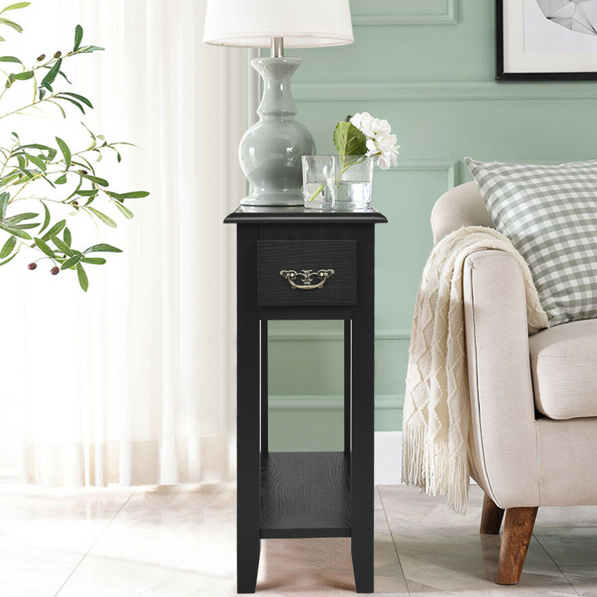 Gymax Set of 2 Nightstand 2-Tier Side Table End Bedside Sofa with Drawer & Shelf, Black