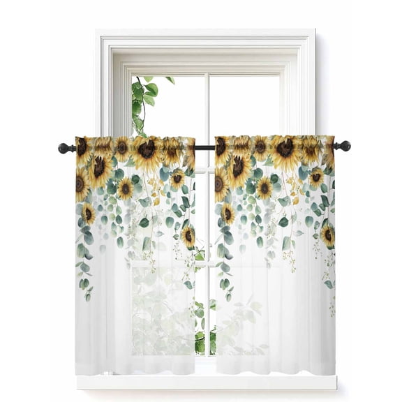 Sunflower Tier Curtains 45 Inch Length,Sheer Curtains for Bedroom Living Room Window Yellow Floral Eucalyptus Leaves Watercolor Rod Pocket Drapes Kitchen Curtains Small Half Window 27.5"x45" 2 Panels