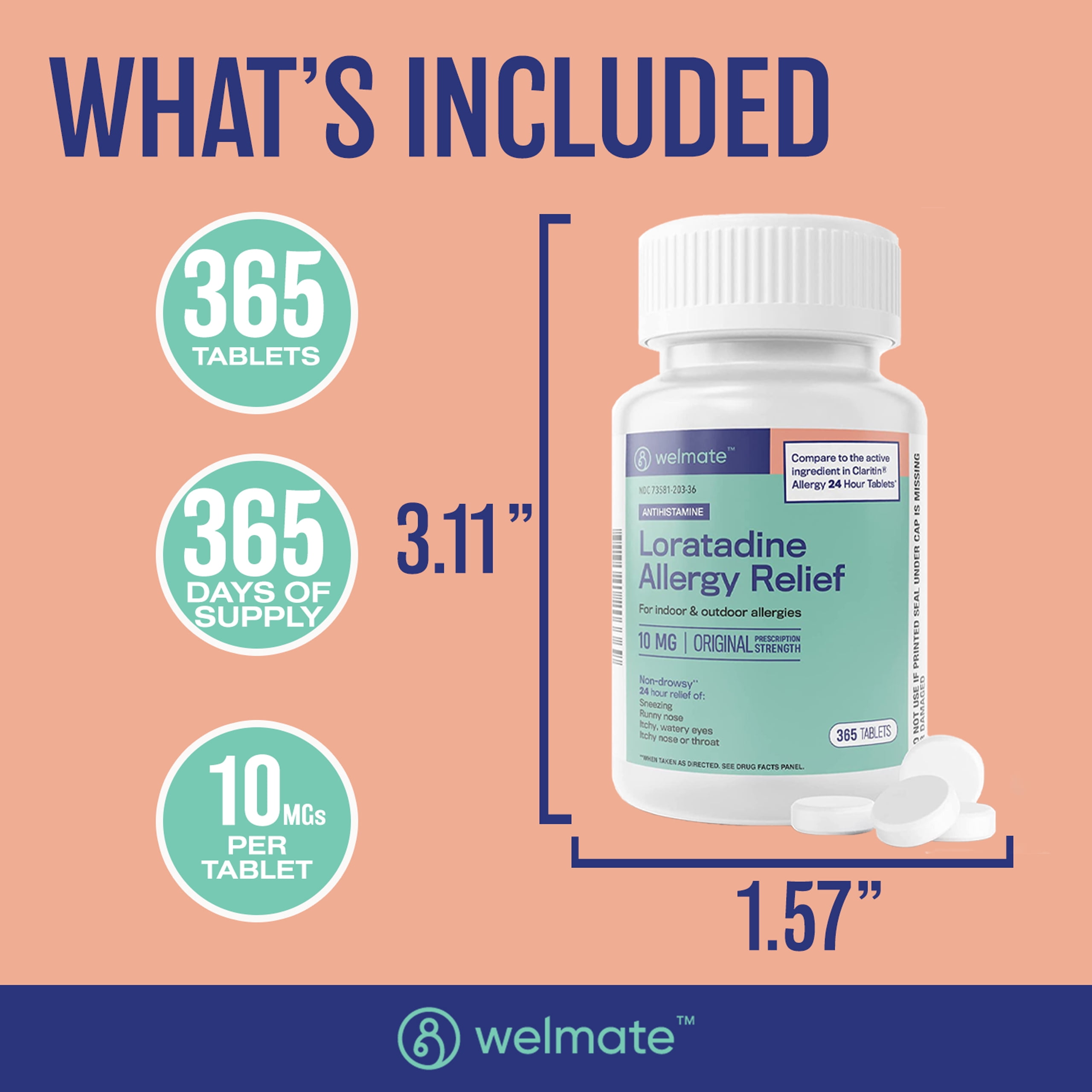 (2 pack) WELMATE Allergy Medicine, Loratadine 10mg, 24HR Allergy Relief, 365 Tablets, Compare to Claritin®