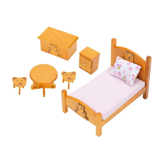 6 piezas de dormitorio de casa de muñecas en miniatura de madera, armario de casa de muñecas, taburetes de casa de muñecas Rosa