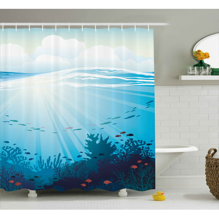 cartoon shower curtain, ocean decor with fish aquarium image coral