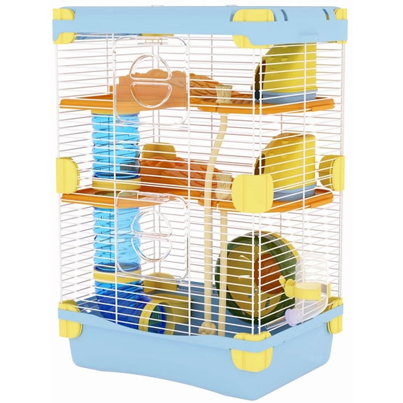 Qunbio 2-Level Hamster Cage, Gerbil House Habitat Kit, Hamster Cottage with Tubes Feeding Bottle Running Wheel